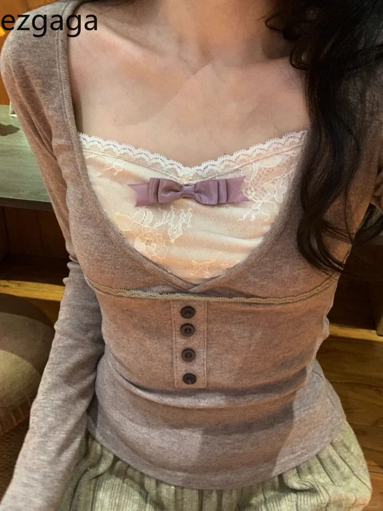 Winter Clothing For Women - Ezgaga T Shirts Women Lace Patchwork