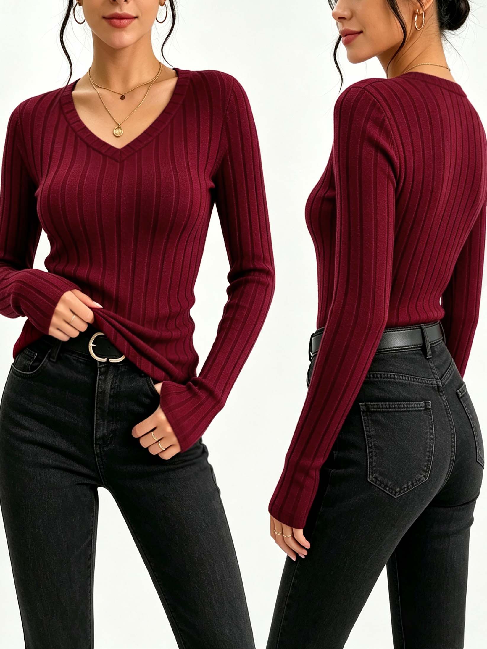 Women Solid V‑Neck Ribbed Knit - Winter Clothing For Women 评论和价格
