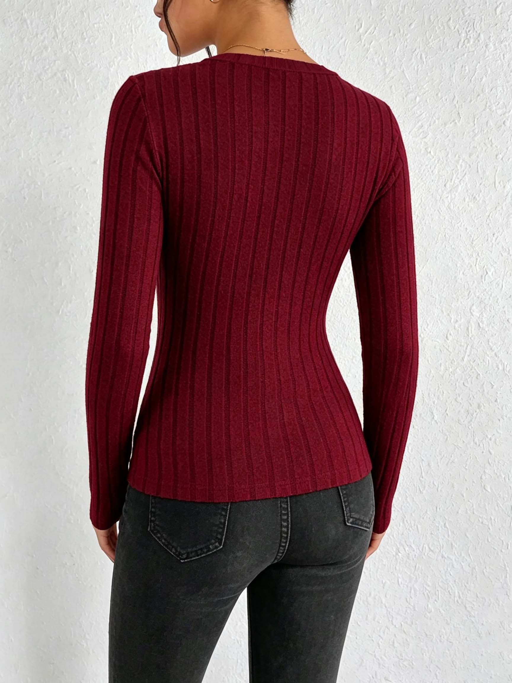Women Solid V‑Neck Ribbed Knit - Winter Clothing For Women 评论和价格